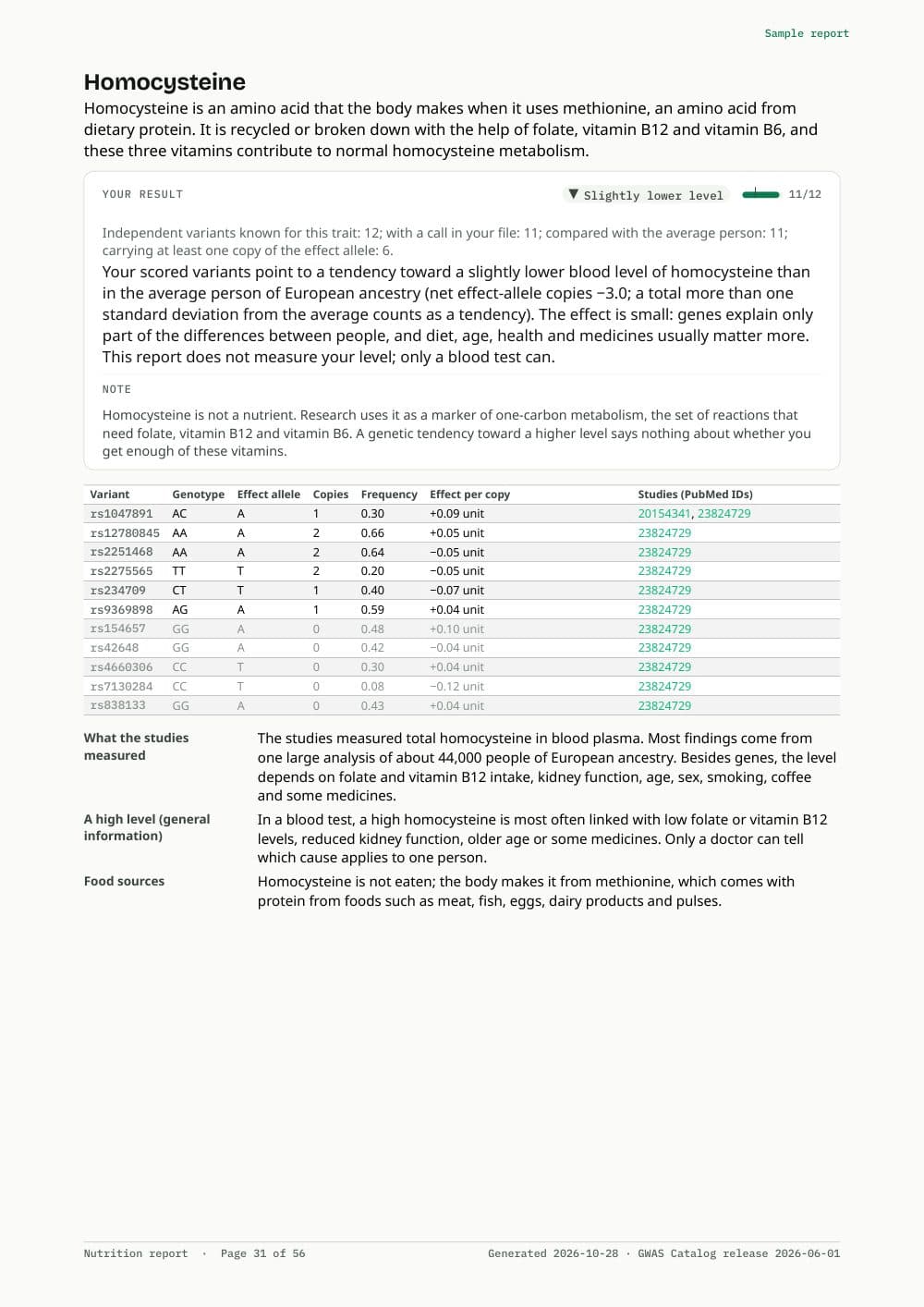 Page from the sample nutrition report: An item: coverage, tendency and the variant table