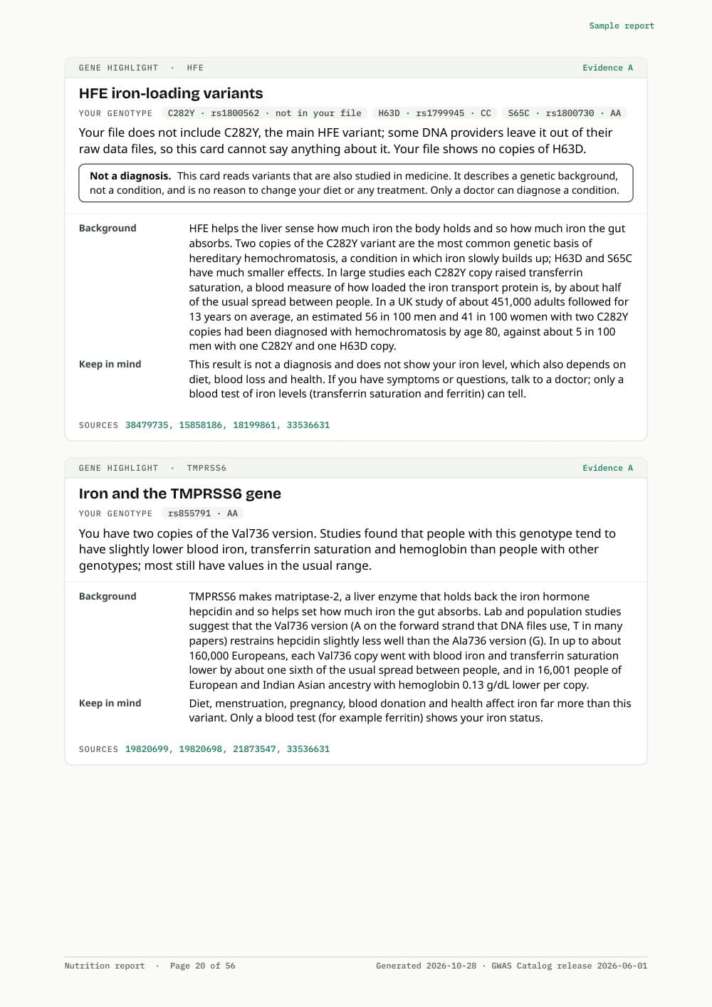 Page from the sample nutrition report: Two gene highlight cards, with genotypes and sources