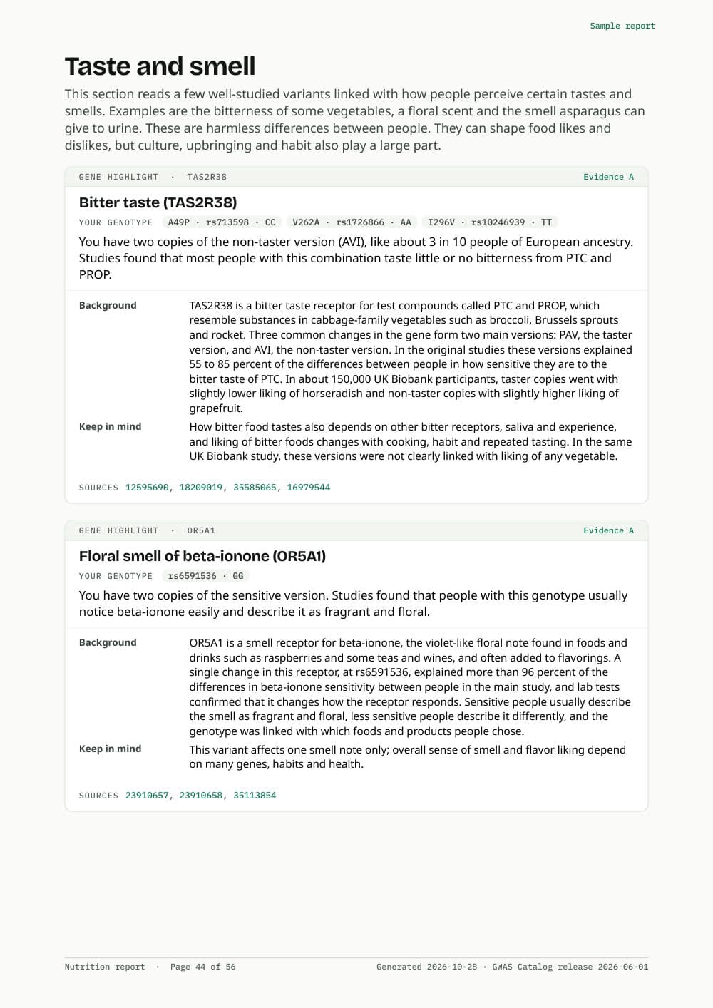 Page from the sample nutrition report: Taste and smell