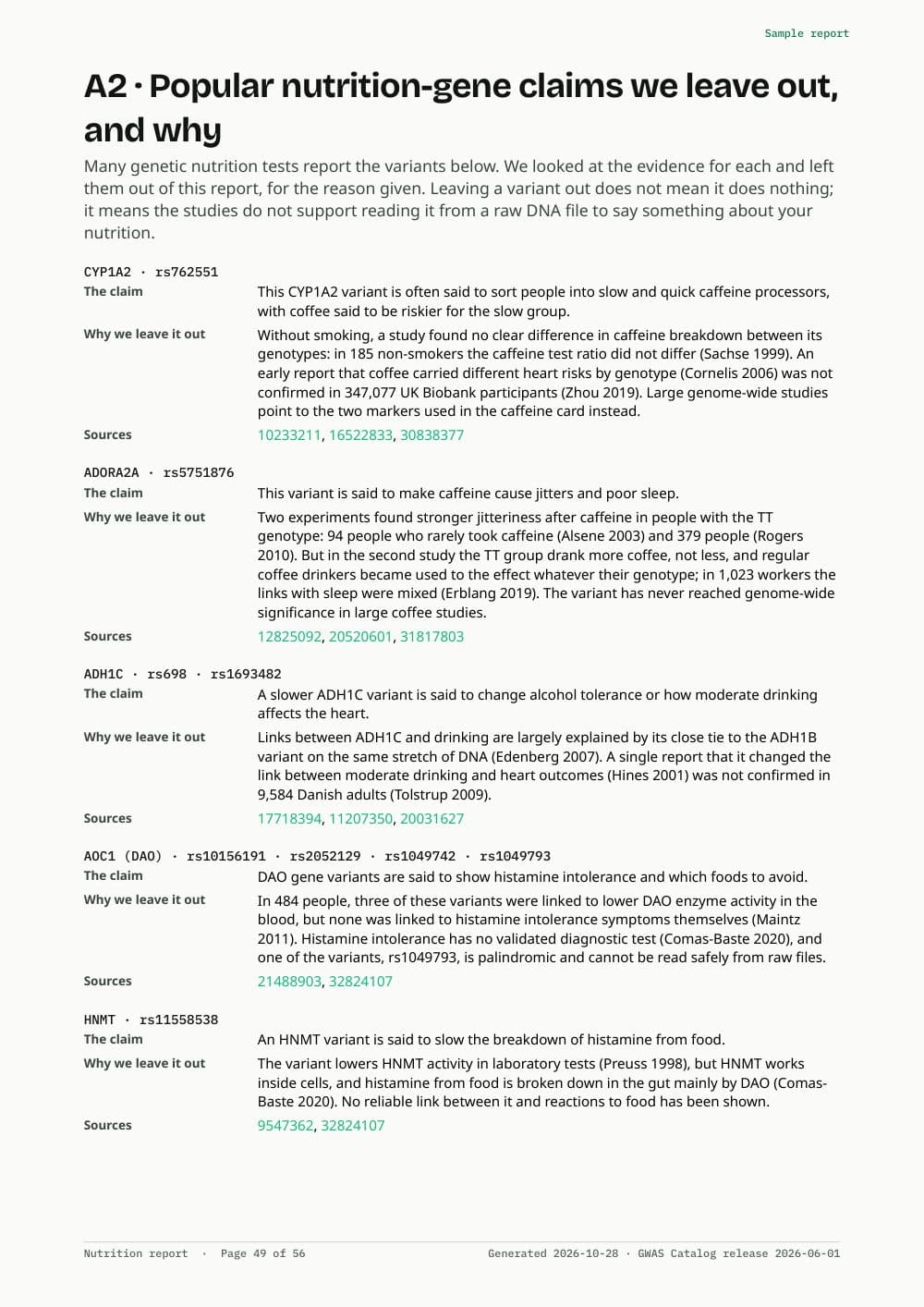 Page from the sample nutrition report: Claims we leave out, and why